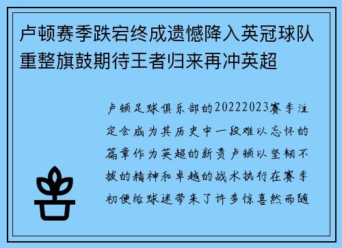 卢顿赛季跌宕终成遗憾降入英冠球队重整旗鼓期待王者归来再冲英超